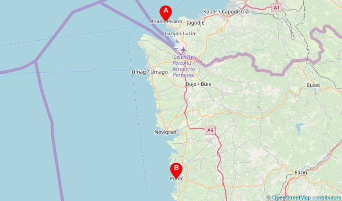 Map of ferry route between Piran and Porec